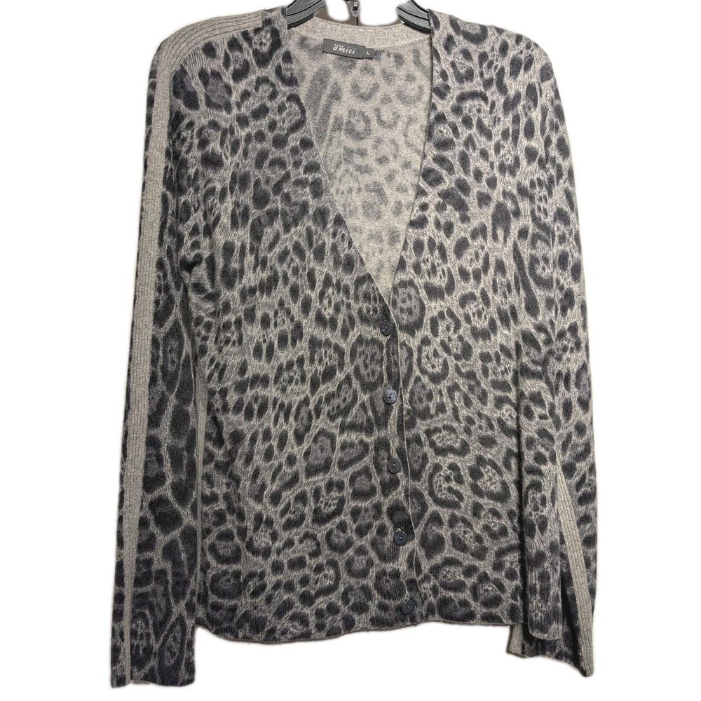 Pure Amici Cardigan Sweater Women L Panther Leopard Button Up Vneck Cashmere NWT